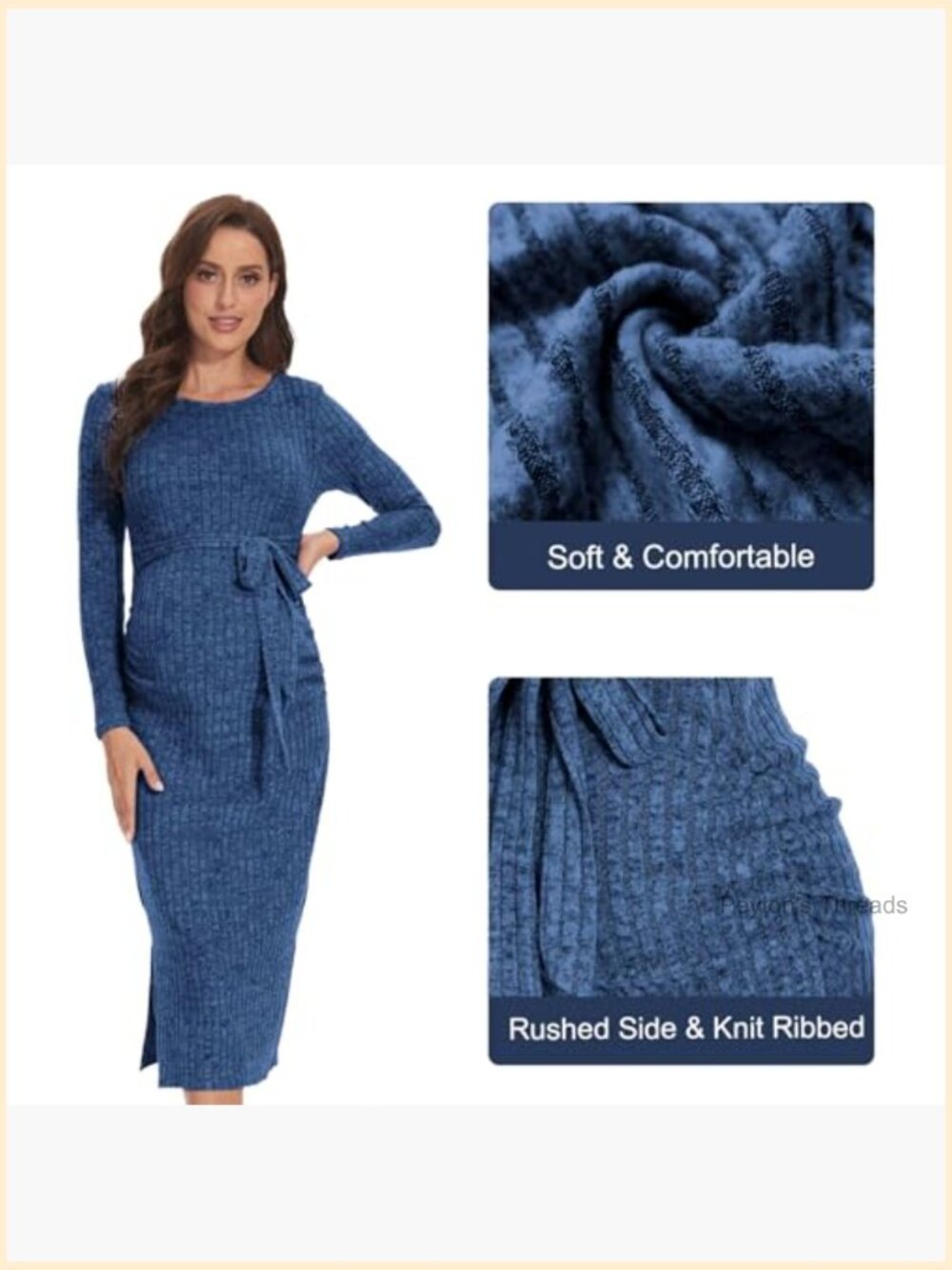 Crewneck Maternity Sweater Dress Rib Knit Long Sleeve Slit Dress with Belt - Picture 5 of 7